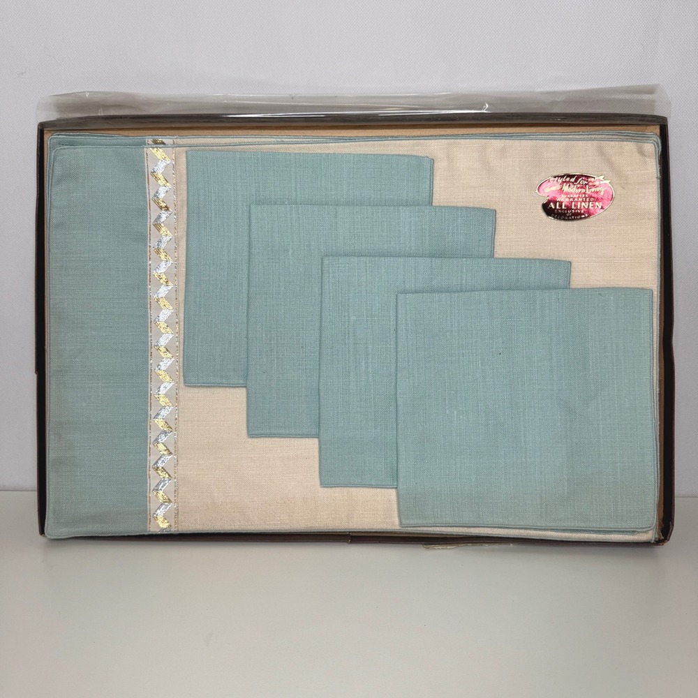 MODERN LIVING Vtg MCM Linen Napkins Placemats Set of 4 Nib But Dirty‎ Teal Cream